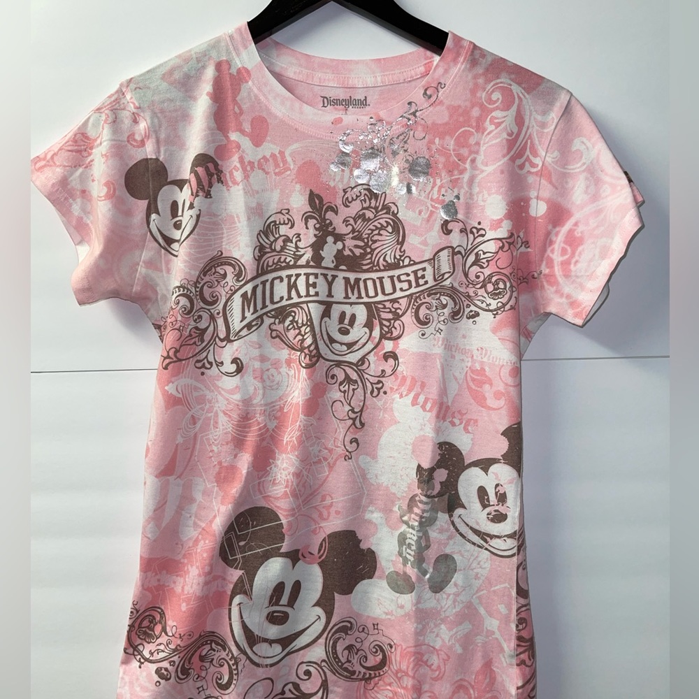 Walt Disney World Pink Micky Mouse T-Shirt Floral Digital Graphic